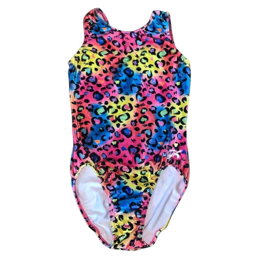 GK Elite Leotard Girls CL Multicolor Leopard Heart Foil Gym Lisa Frank  80 Funky